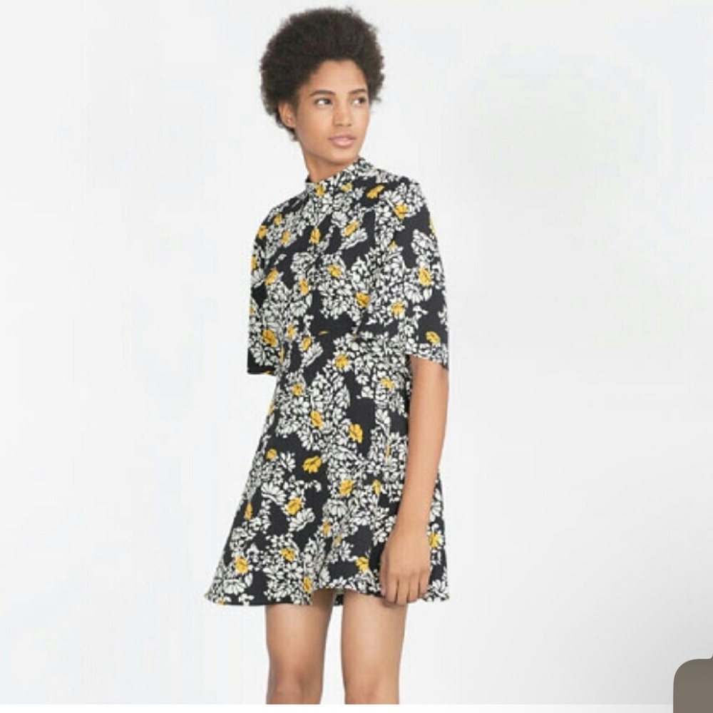 Zara Floral Black and Yellow Dress Size M